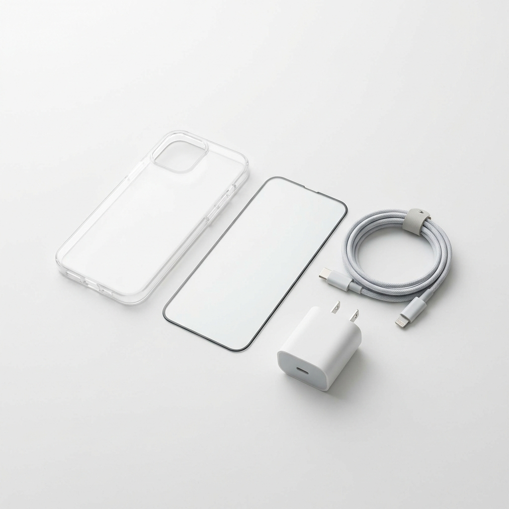 The Complete Setup — iPhone case, protector, cable and charger